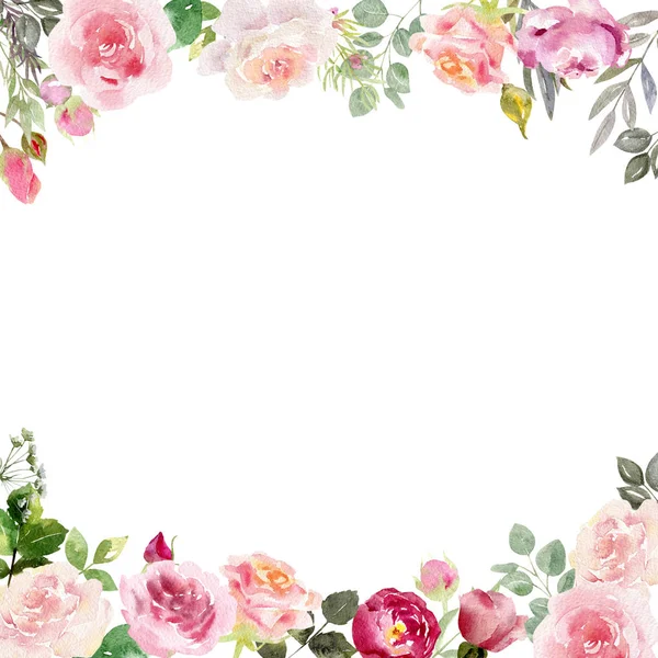 Handpainted Ακουαρέλα Πλαίσιο Πρότυπο Mockup Ανθισμένα Λουλούδια Τριαντάφυλλα Και Φύλλα — Φωτογραφία Αρχείου