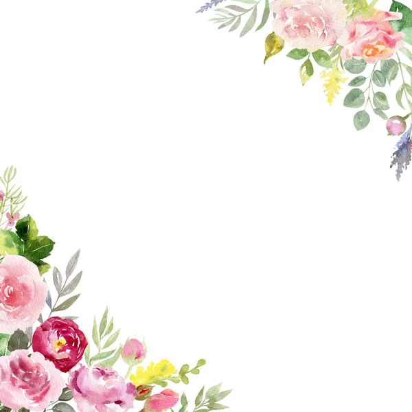Handpainted suluboya çerçeve şablonu mockup çiçeklenme ile gül çiçek ve yaprakları. Altın elemanları ile dekore edilmiş. 