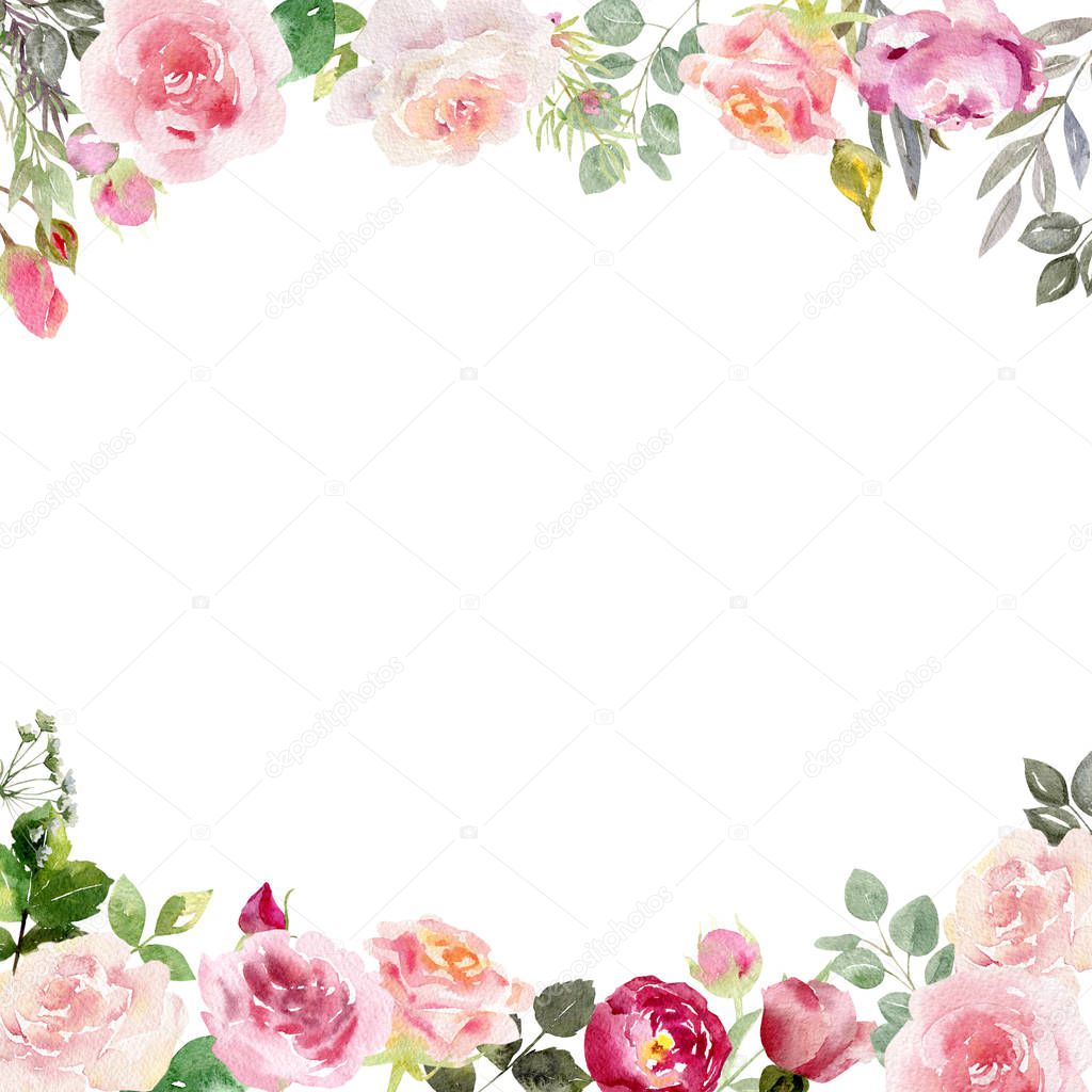 Handpainted watercolor frame template mockup with blooming flowers roses and leaves. 