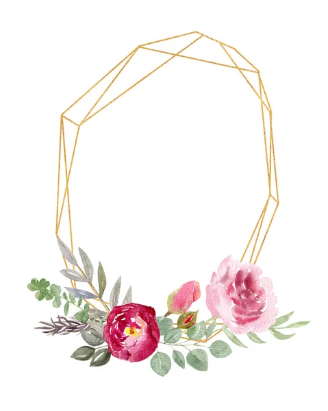 Acquerello cornice geometrica dorata decorata con fiori e ros — Foto Stock