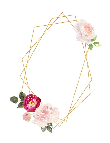 Acquerello cornice geometrica dorata decorata con fiori e ros — Foto Stock