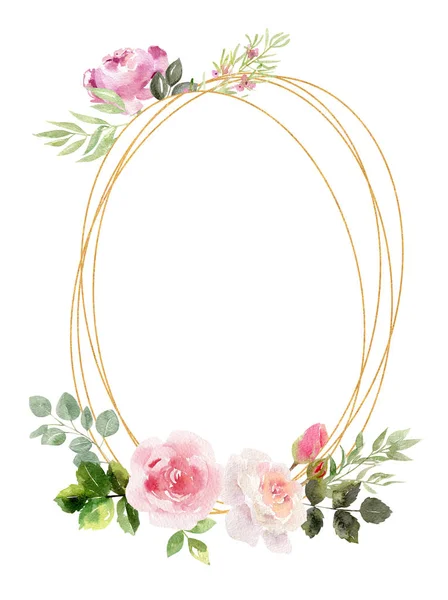 Ακουαρέλα Χρυσή κορνίζα γεωμετρική διακόσμηση με florals και ros — Φωτογραφία Αρχείου