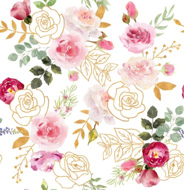 Altın elemanları ile suluboya çiçek seamless modeli