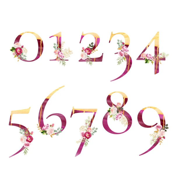 Set of numerals with watercolor leaves flowers and golden elemen — Stock Photo, Image
