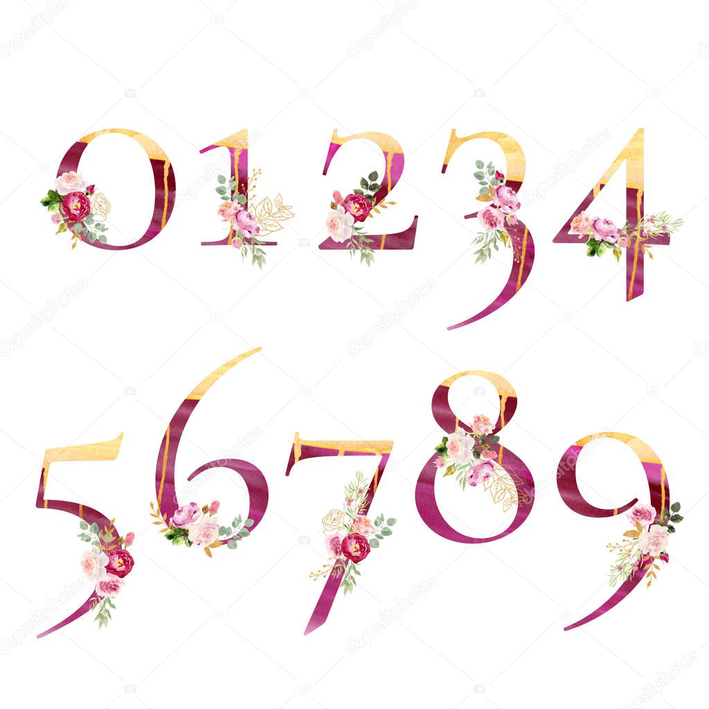 Set of numerals with watercolor leaves flowers and golden elemen