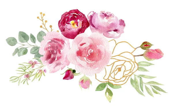 Μια συλλογή από χέρι ζωγραφισμένα ακουαρέλα λουλούδια τριαντάφυλλα — Φωτογραφία Αρχείου