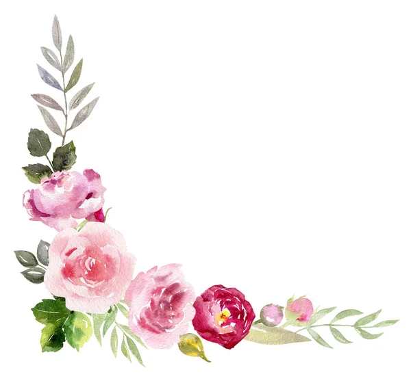 Handpainted watercolor frame with blooming flowers — Stock Photo, Image