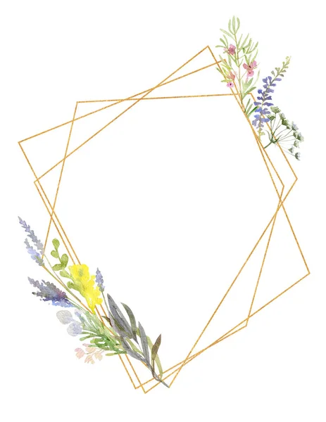 Moldura geométrica dourada aquarela decorada com flores e lav — Fotografia de Stock