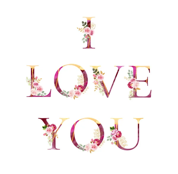 Love you card decorated with handpainted watercolor flowers. — Stock Photo, Image