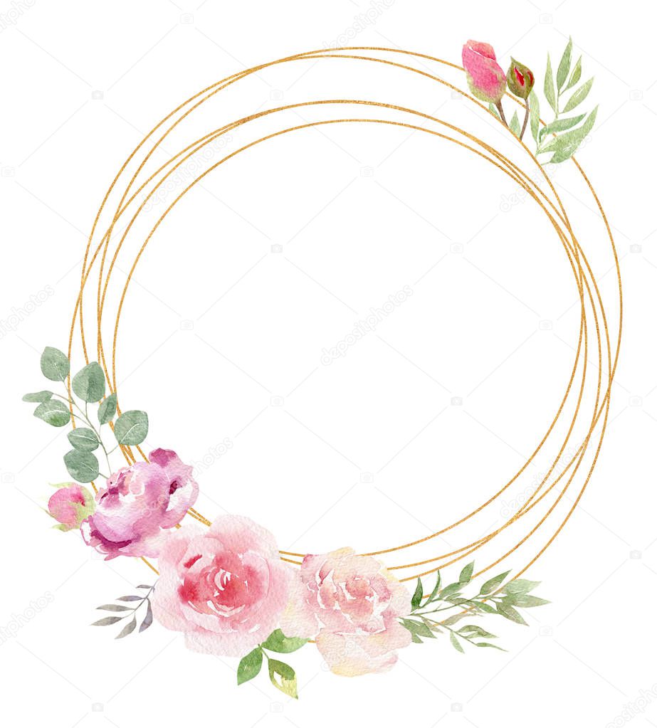 Watercolor golden geometric frame decorated with florals and ros