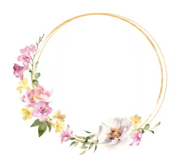 El boyaması suluboya çiçeklerle süslenmiş altın çerçeve