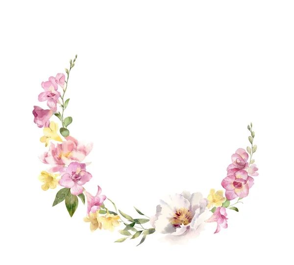 Watercolor wreath of peonies and freesias — Stock Photo, Image