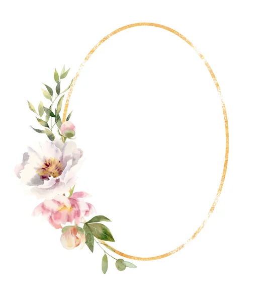 손으로 그린 수채화 꽃으로 장식 된 황금 프레임 — 스톡 사진