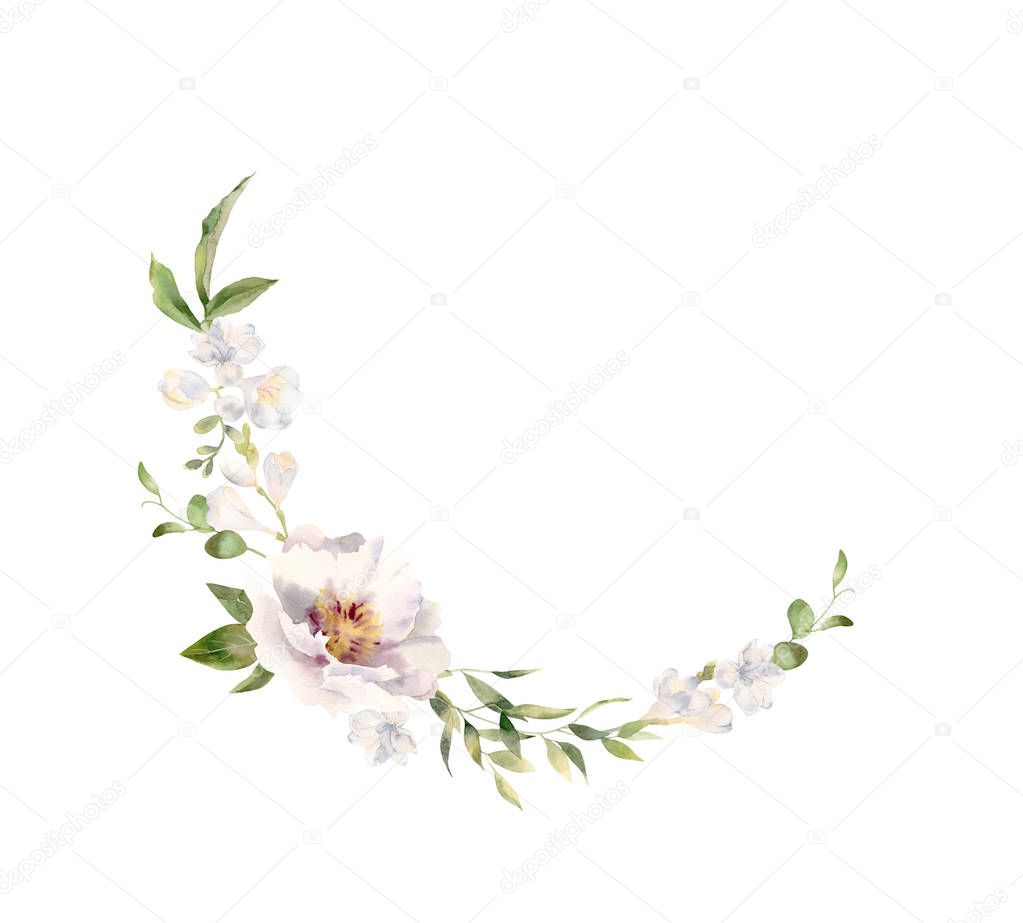 Handpainted watercolor wreath of white freesias and peonies