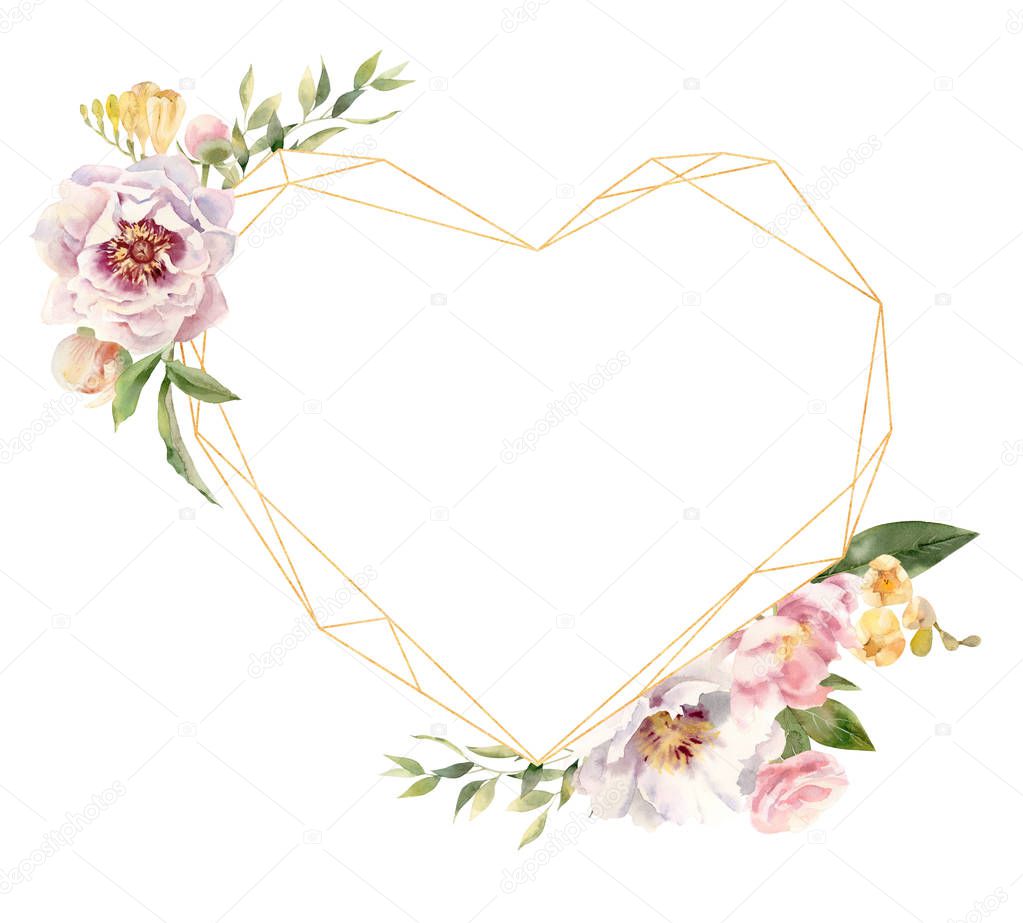 Heart shaped golden frame decorated with handpainted watercolor 