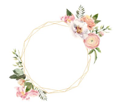 El boyaması suluboya bloomi ile Altın çerçeve şablonu mockup