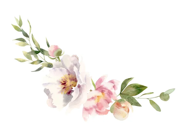 Handpainted watercolor wreath of white peonies — Stock Photo, Image
