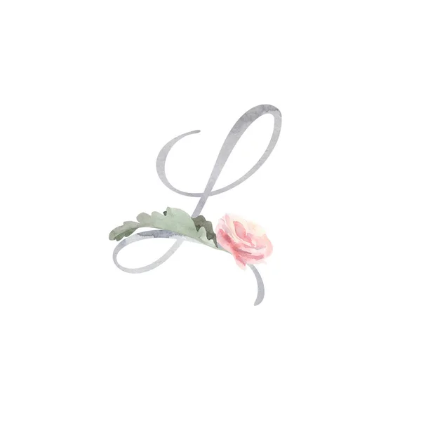Aquarelle lettre L décorée de ranunculus rose peint à la main — Photo