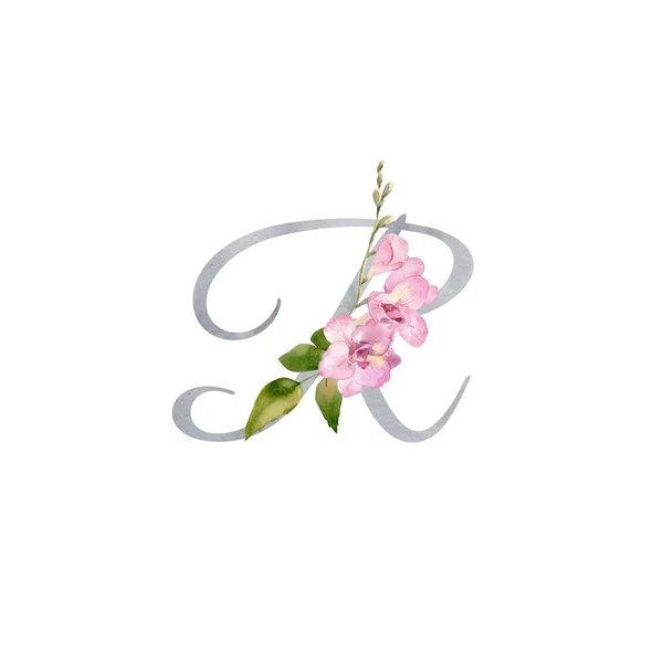 Watercolor letter R decorated with handpainted pink freesia — Stock Photo, Image