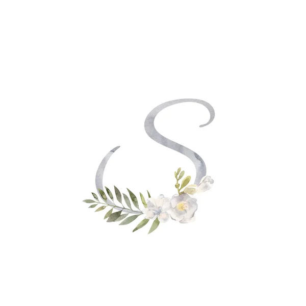 Watercolor letter S decorated with handpainted white freesia — Stock Photo, Image