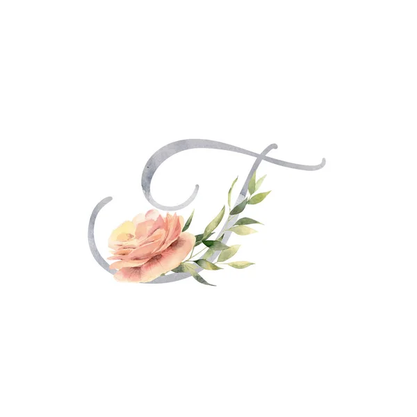 Watercolor letter T decorated with handpainted yellow ranunculus — Stock Photo, Image