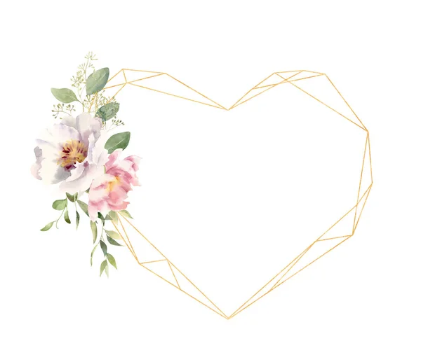 Akvarell blommor dekorera gyllene hjärtformad ram — Stockfoto