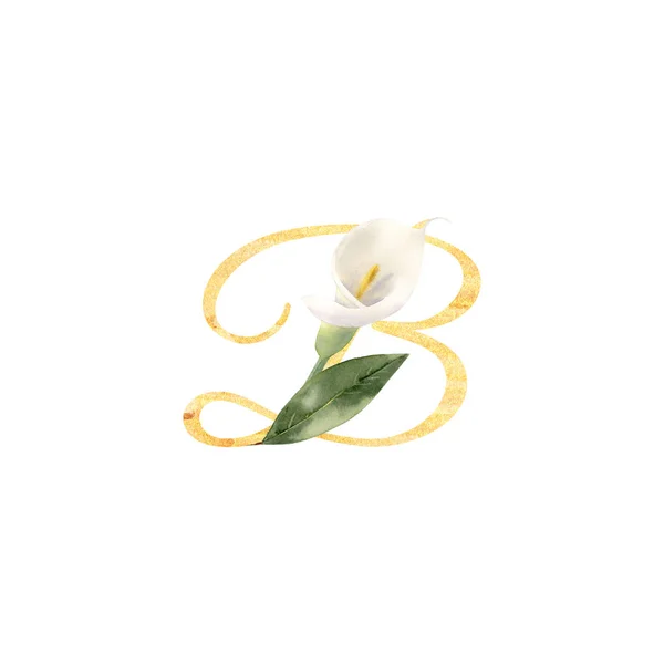 Golden letter B decorated with hand painted watercolor calla flo — Stock Photo, Image