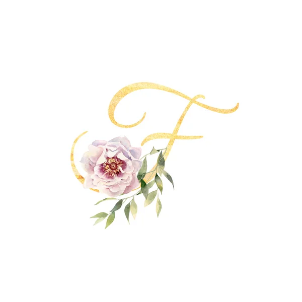 Золота літера F прикрашена рожевим акварельним півонієм та евкаліптом — стокове фото