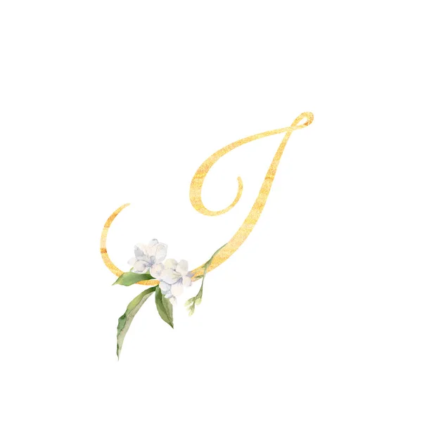 Golden letter I decorated with hand painted watercolor  freesia — Stock Photo, Image