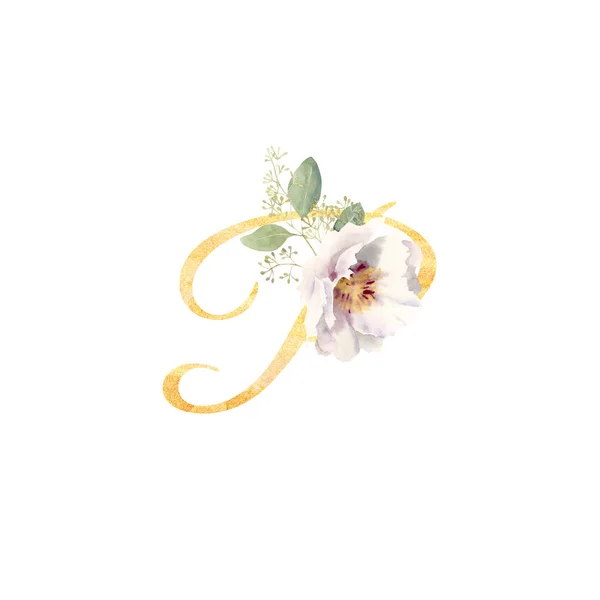 Letra dourada P decorado com pintados à mão flor de aquarela pe — Fotografia de Stock