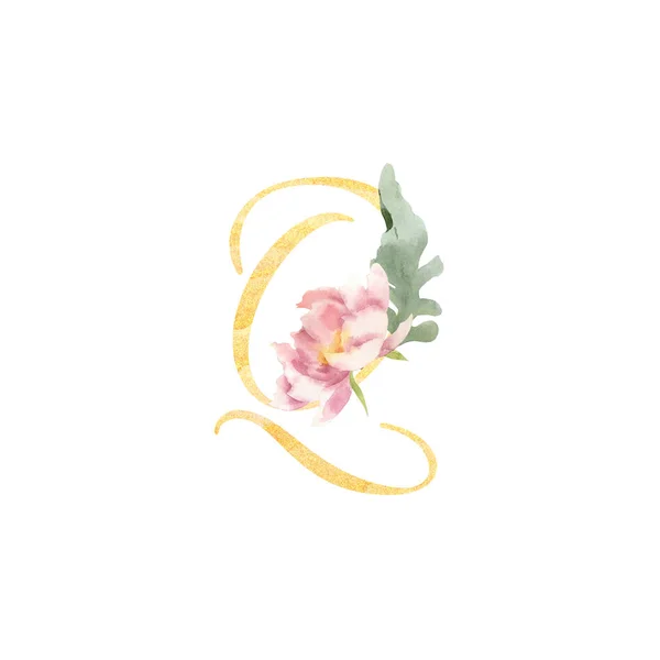 Goldenen Buchstaben q mit handgemalten Aquarell Blume pe dekoriert — Stockfoto