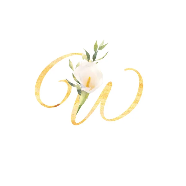 Carta dourada W decorado com aquarela calla flor e euc — Fotografia de Stock