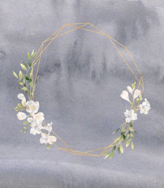 Beyaz freesia ve altın doku ile suluboya çerçeve