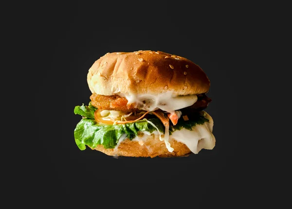 Veg Burger Mayonnaise Lettuce Tomatoes Onion Black Background — Stock Photo, Image