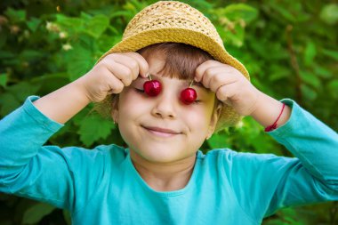 Çocuk bahçede kiraz topluyor. Seçici odak.
