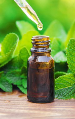 Küçük bir kavanoza nane özü. Seçici odak.