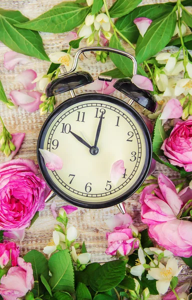 Годинник Тривоги Годин Квіти Вибірковий Фокус — стокове фото