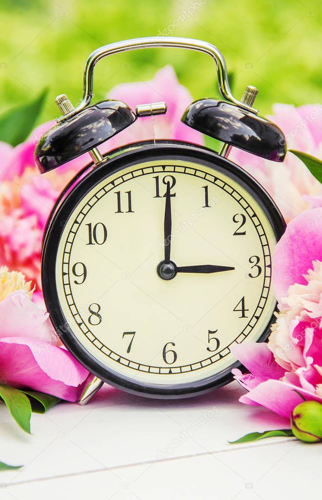Spring flowers and Alarm Clock. Change the time. Selective focus.