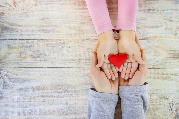 child and father have a heart in their hands. Selective focus.