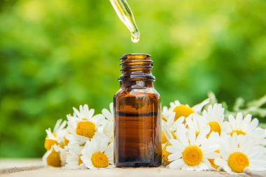 Papatya çayı küçük bir şişede. Seçici odak. 