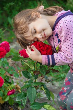 Çocuk kızla bahçede güller. seçici odak. 