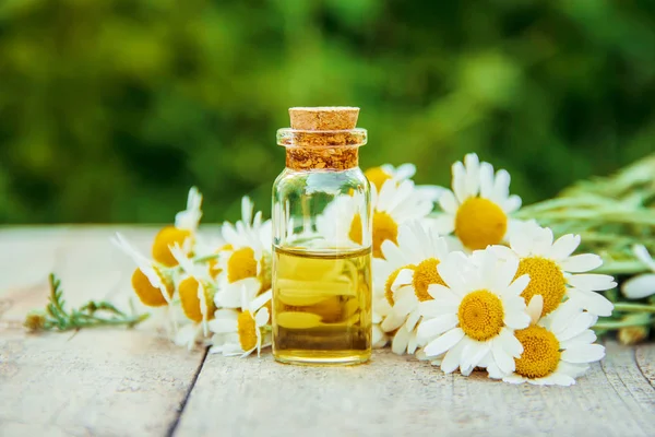 Papatya çayı küçük bir şişede. Seçici odak. 