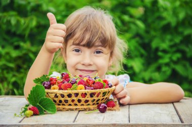 Farklı ev yapımı yaz meyveleri bir çocuğun elinde. Seçici odak.