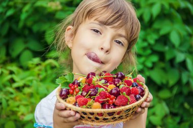 Farklı ev yapımı yaz meyveleri bir çocuğun elinde. Seçici odak.
