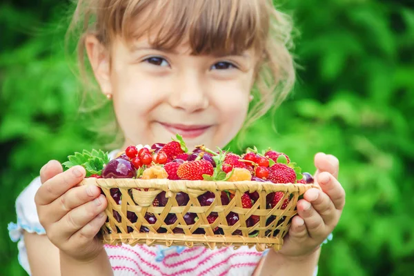 Farklı Yapımı Yaz Meyveleri Bir Çocuğun Elinde Seçici Odak — Stok fotoğraf