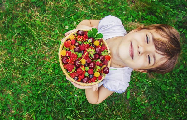 Different Homemade Summer Berries Hands Child Selective Focus — Stock Photo, Image