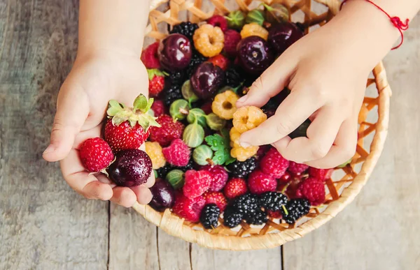 Çilek bir kalp şeklinde bir çocuğun elinde. Ev. Seçici odak.