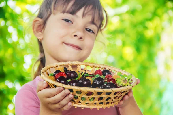 Farklı ev yapımı yaz meyveleri bir çocuğun elinde. Seçici odak.