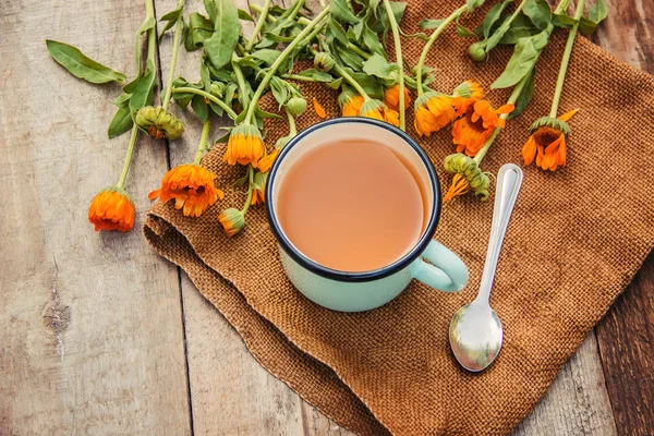 金盏花茶和花 选择性聚焦 — 图库照片