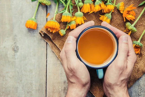 Calendula çay ve çiçekler. Seçici odak. 